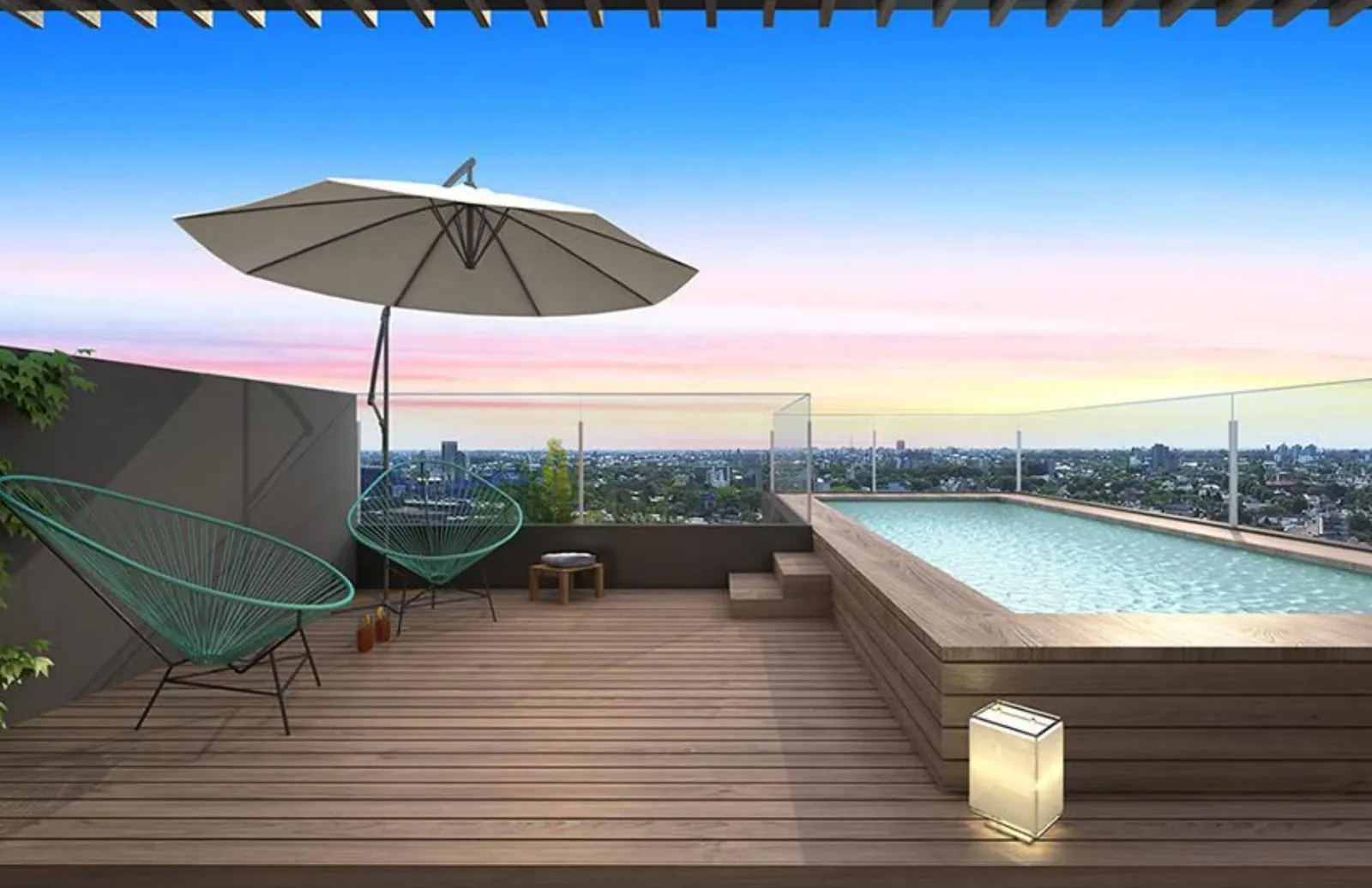 Solárium con deck de RL70 y vista panorámica a la ciudad