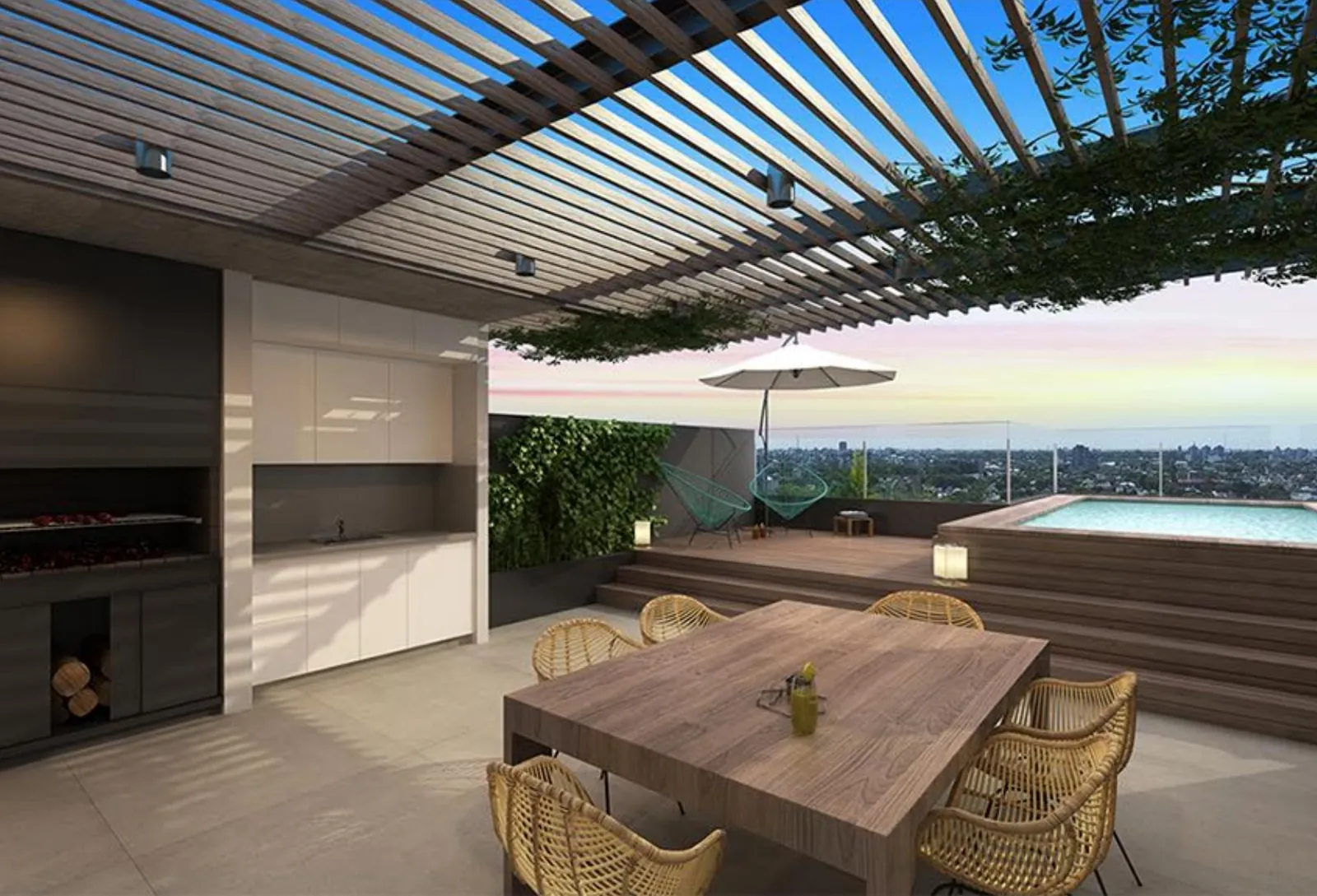 Sector parrilla y comedor exterior con pérgola en RL70