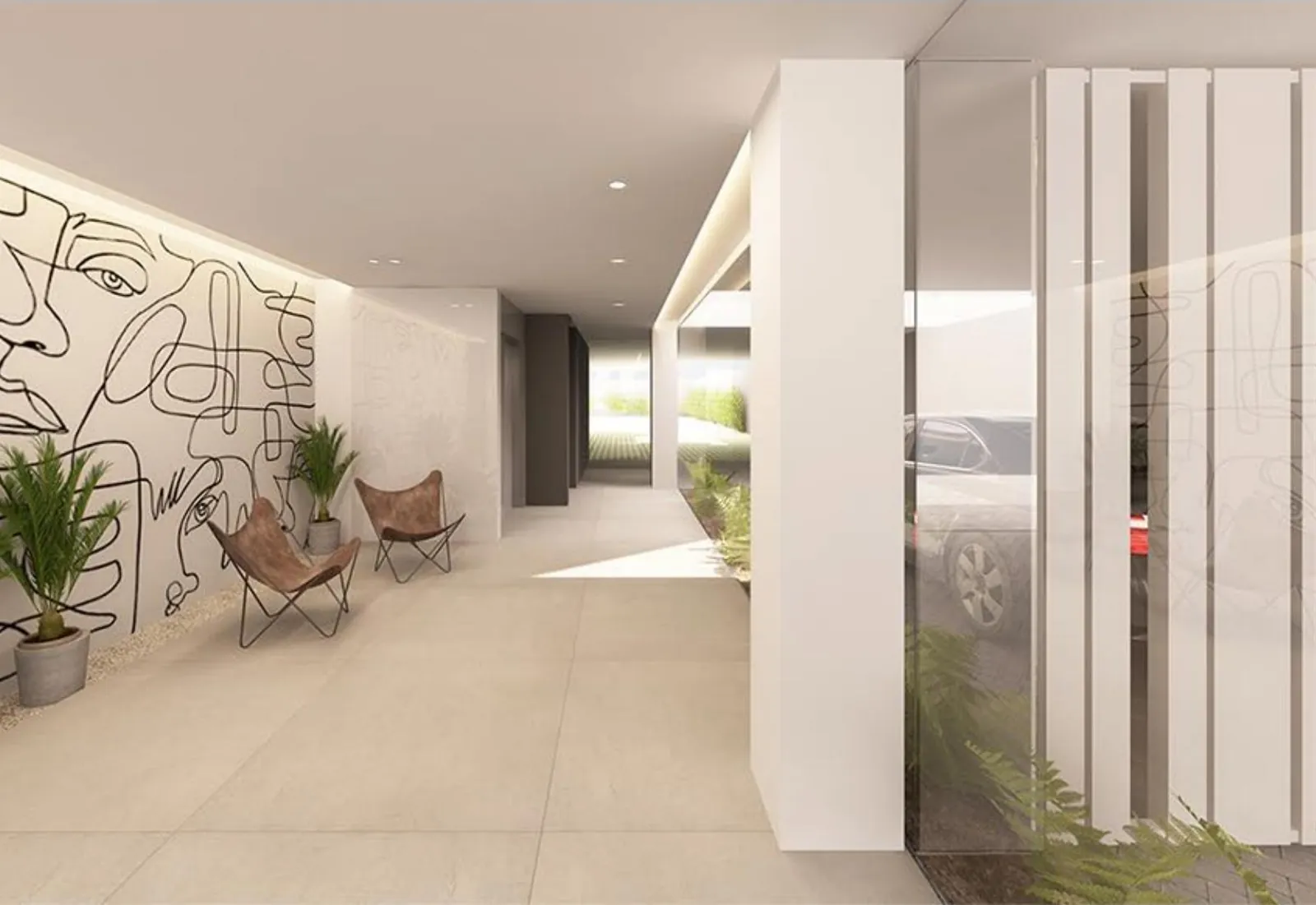Hall de acceso de RL70 con muro artístico, de día