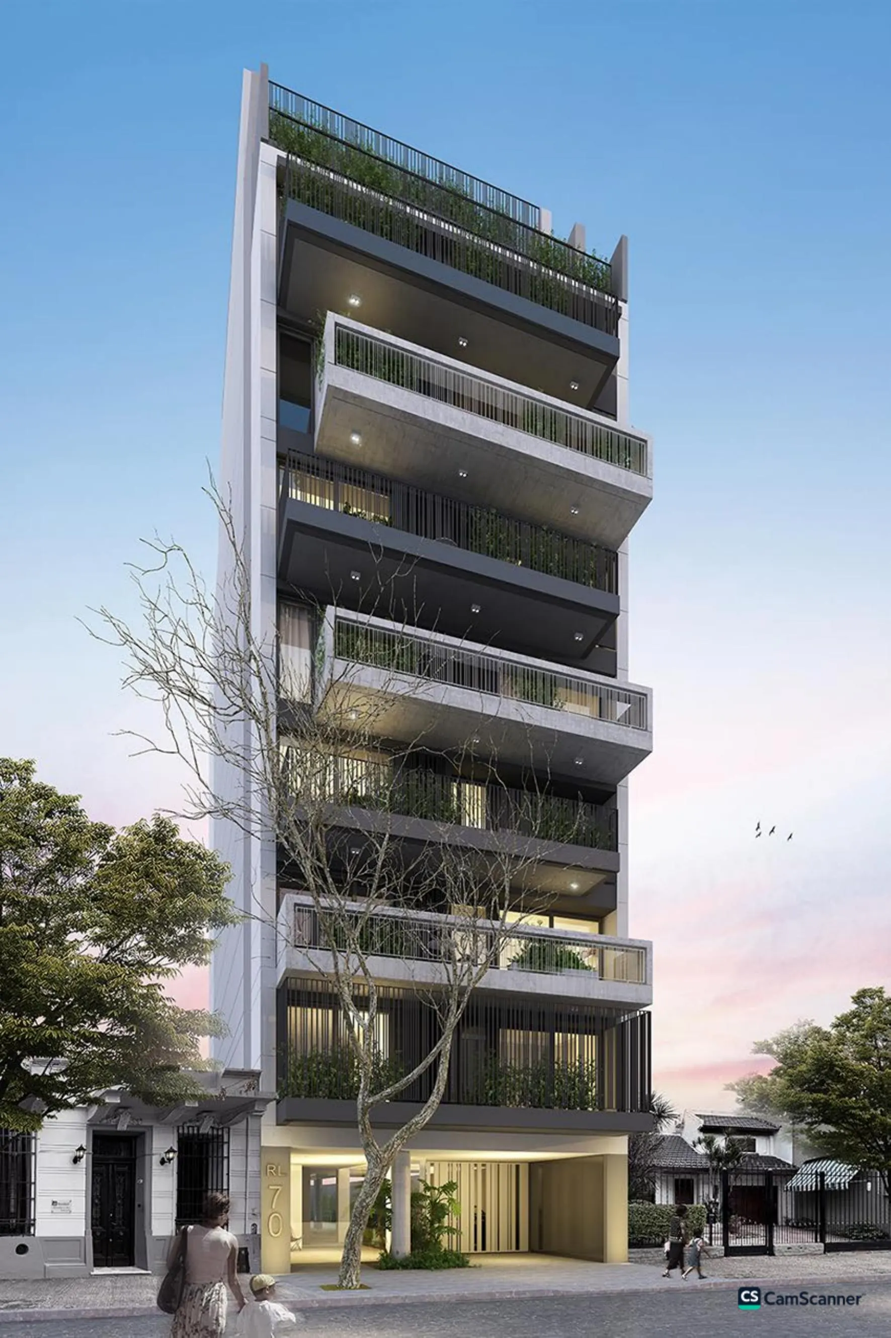 Fachada del edificio RL70 al atardecer, Villa Luro
