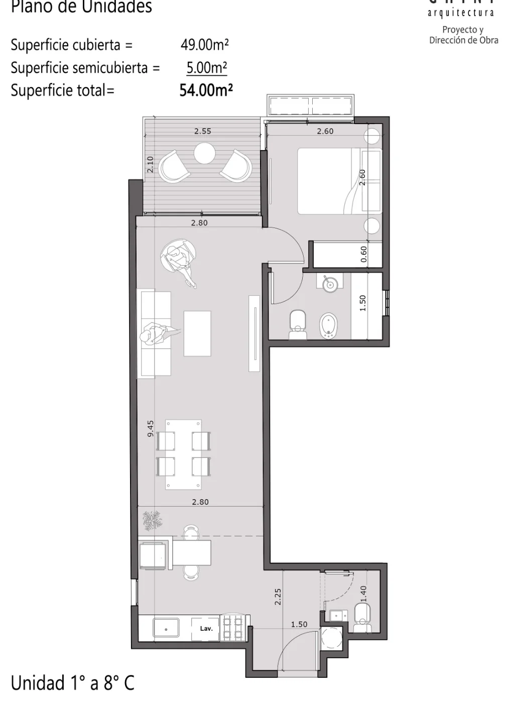 Plano de unidad de Dos Ambientes tipo C en RL70